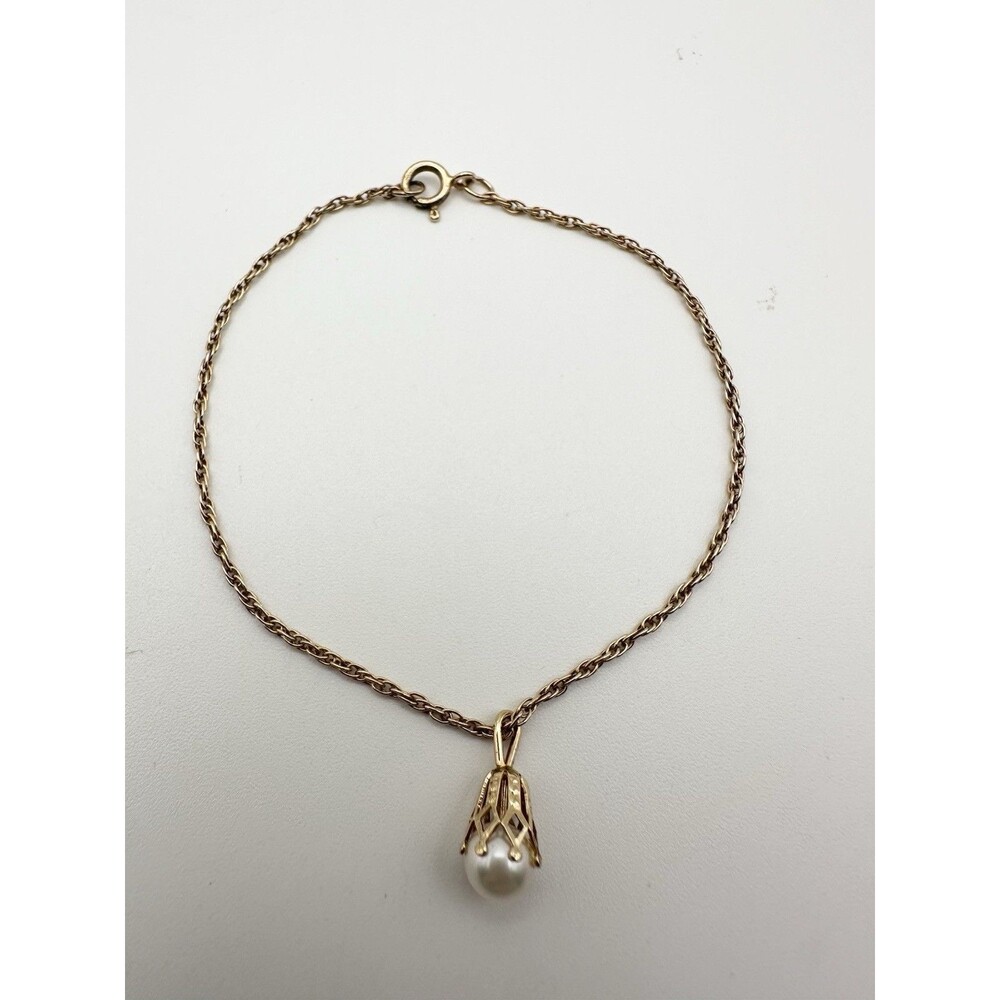 Vintage 14k Gold Filled Pearl Charm Bracelet 7”